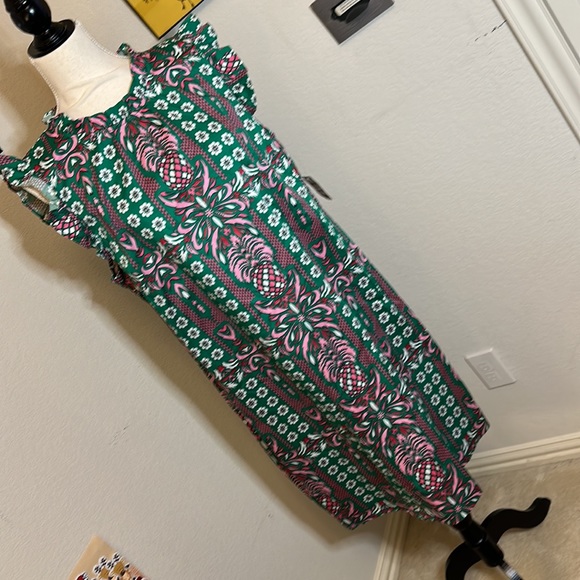 Macys ruffle sleeveless dress pink green pattern xl - Picture 4 of 8